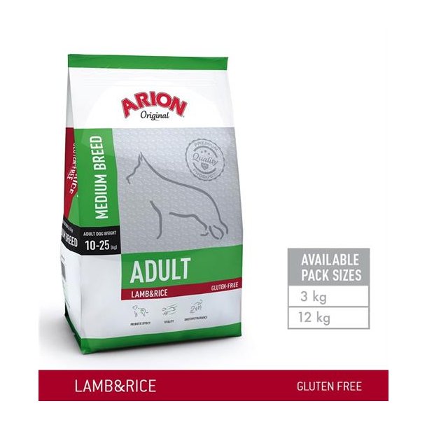 Arion Voksen hundefoder -  Medium Breed - Lam &amp; Ris Glutenfri 12 kg.